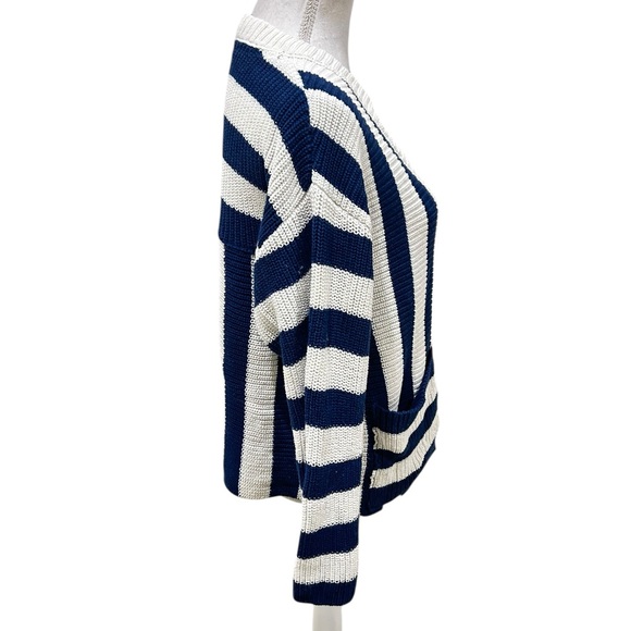 Free People navy Blue & Cream high Tide Striped Cardigan oversized cotton sz xs - Picture 9 of 14